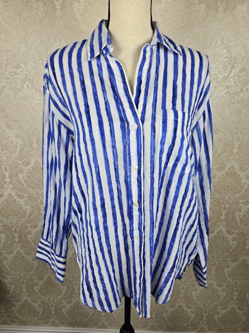 MNG Size 2 Blue White Striped Button Down Shirt Long Sleeve Chest Pocket Rd Hem